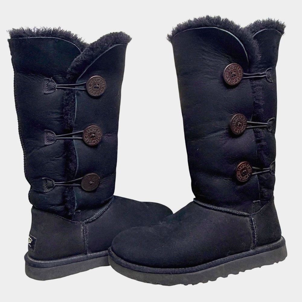UGG Bailey Button Triplet Boots Womens 10 Black Tall Sheepskin S/N 1873